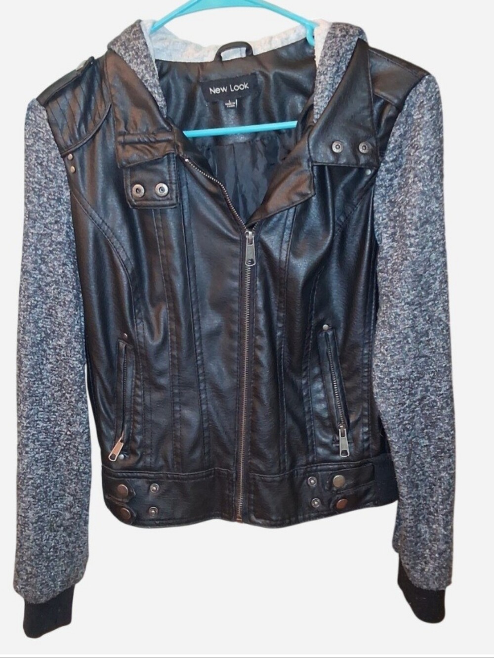 New Look Black Faux Leather Bomber Jacket with Gray Knit Sleeves